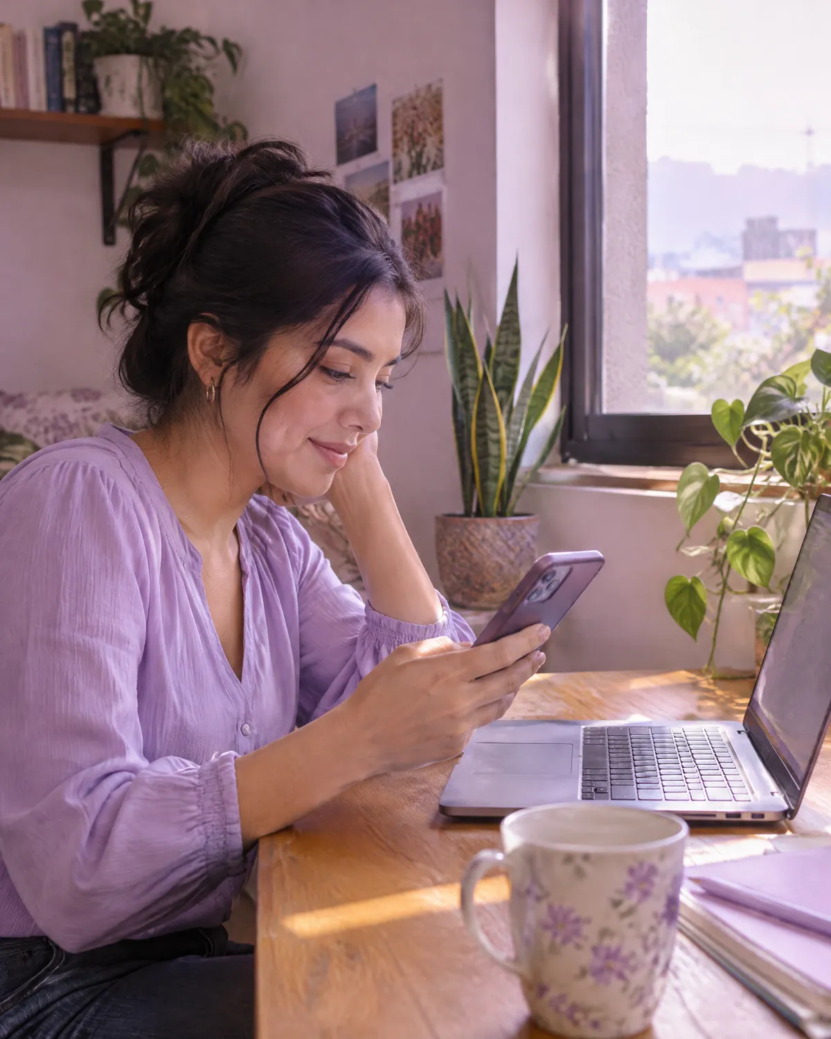 Profesional joven revisa vacantes en su teléfono desde casa.