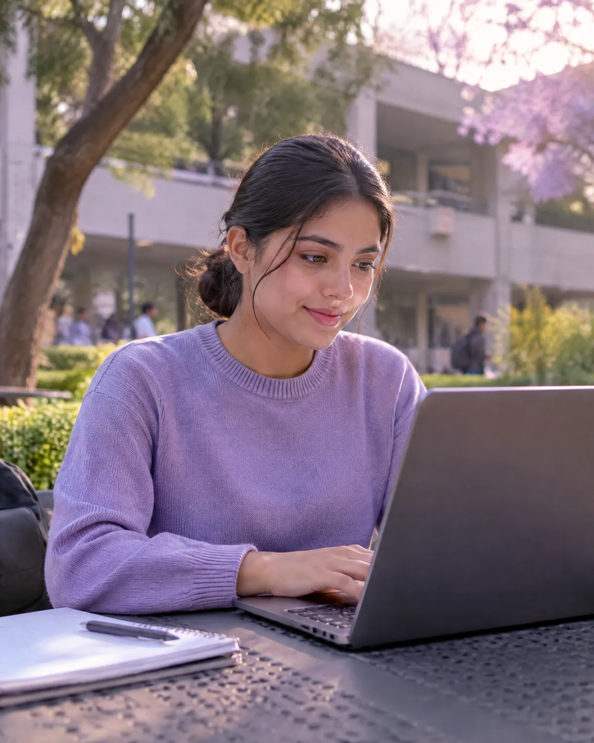 Estudiante universitaria trabaja en su CV con una laptop en el campus.