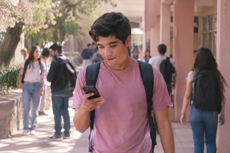 Estudiante con mochila revisa su teléfono en un pasillo del campus.